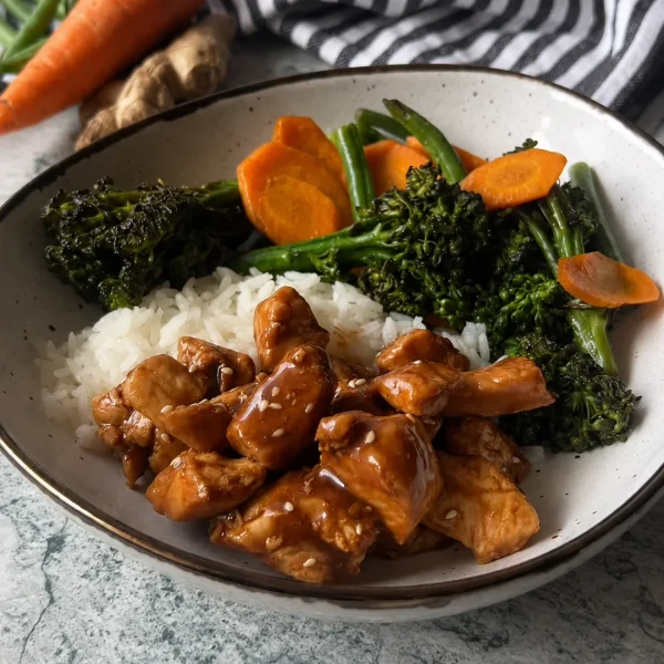Pollo teriyaki sin azucar con vegetales salteados sobre arroz blanco, receta saludable de MAKEITGRAIN